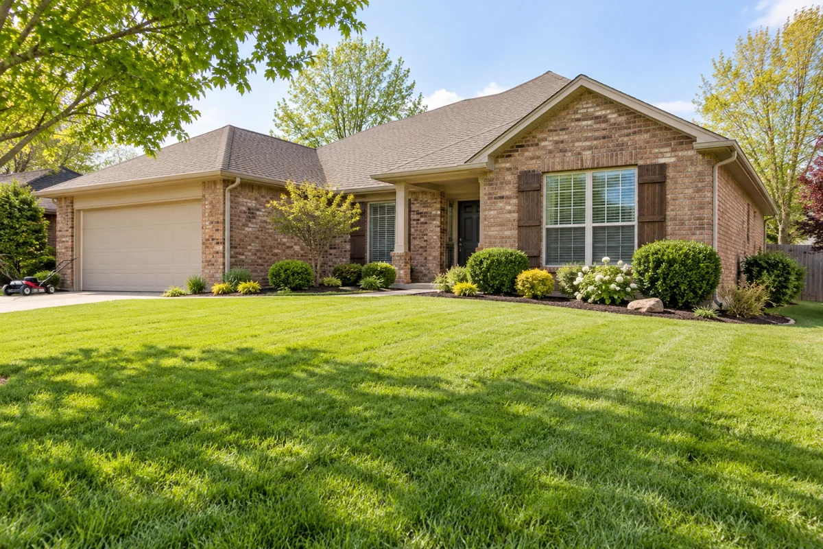 Concept image of a neatly maintained residential lawn and flower beds